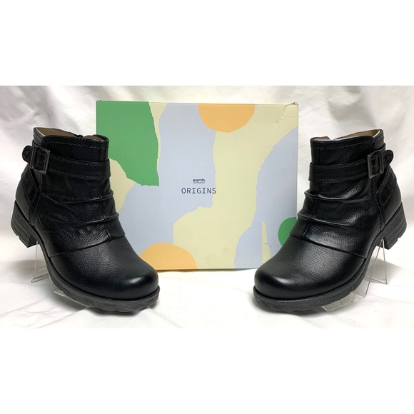 Earth Shoes - NIB Womens Earth Origins Randi Robby Wide Black Leather Ankle Boots SideZip 10 W